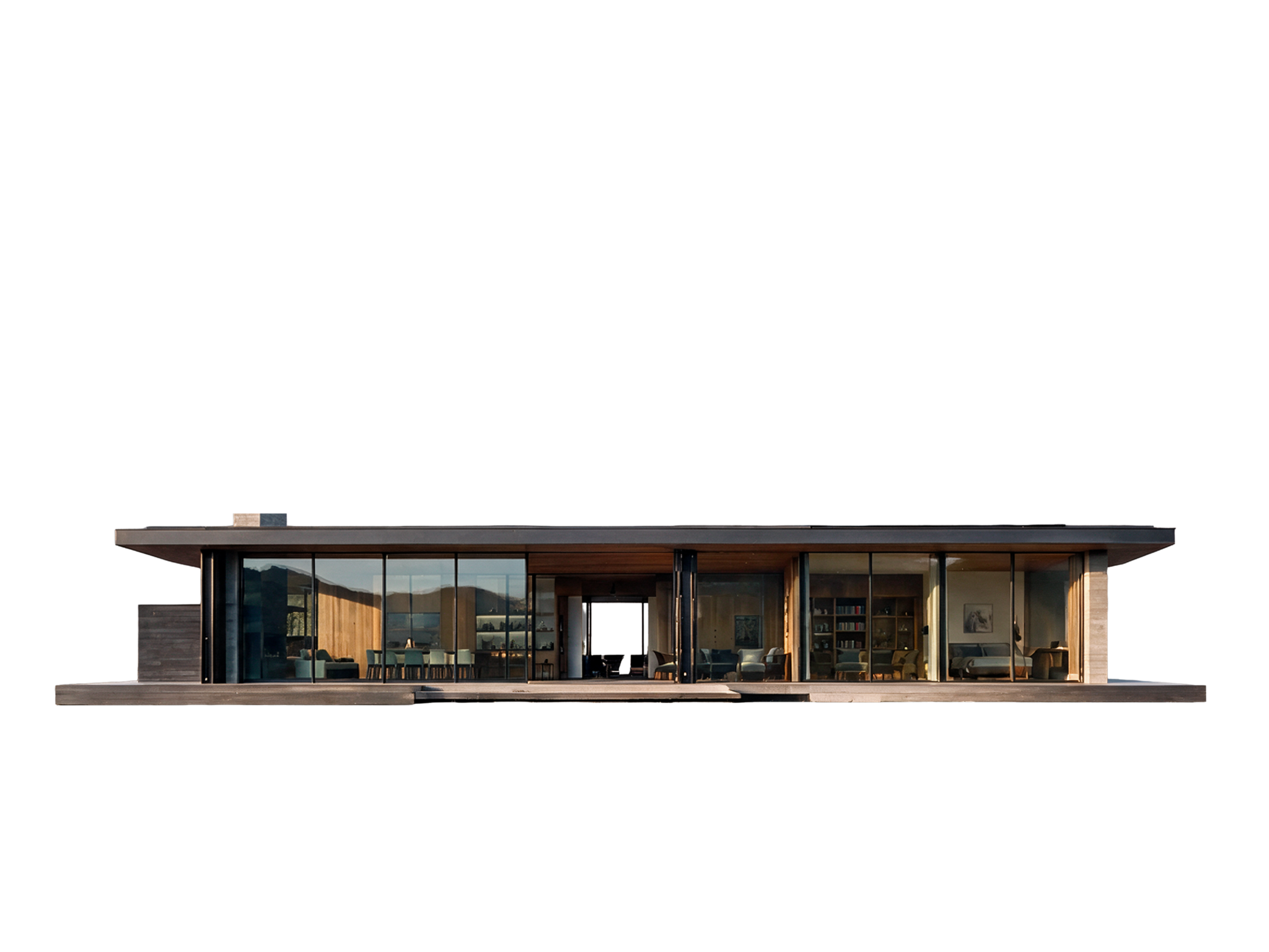 A low contemporary Utah home with walls of black-framed glass, warm light showing in the rooms inside